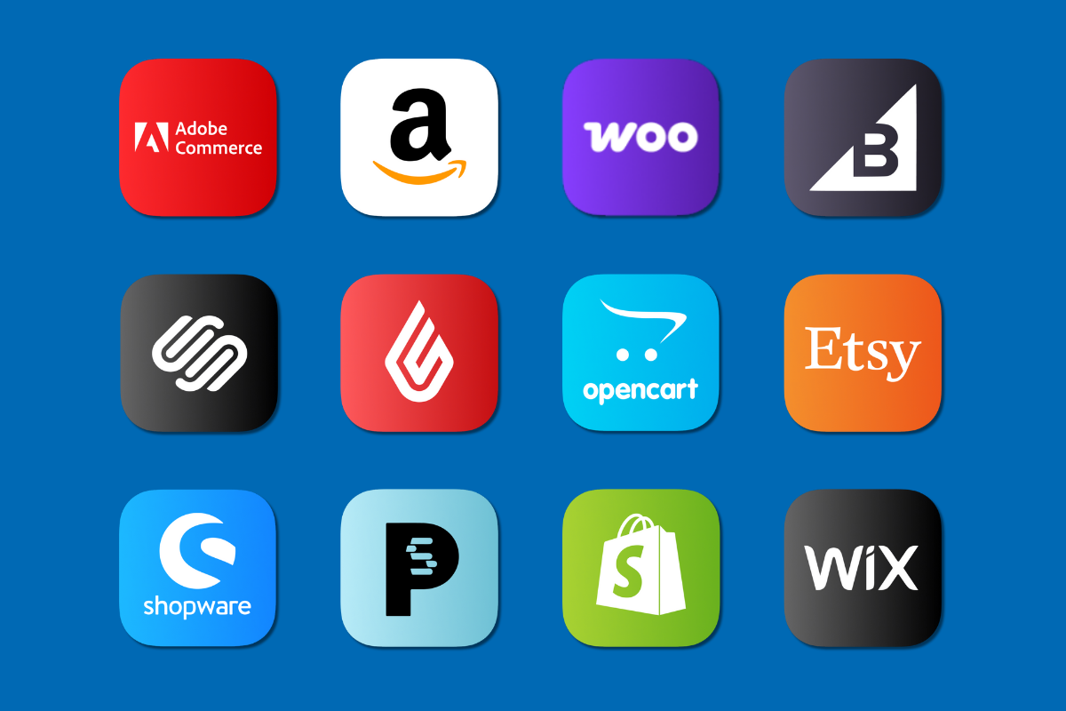 Logos van populaire e-commerce platforms: Adobe, Amazon, WooCommerce, BigCommerce, Squarespace, Lightspeed, en meer.